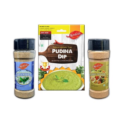 Nimkish Snacks Spice Combo Pack of 3 | Raita Masala, Chaat Masala & Pudina Dip | Ready-to-Use Seasoning