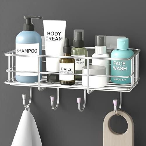 Plantex Stainless Steel Self Adhesive Bathroom Shelf/No Drill Bathroom Organizer with Hooks/Washroom Shelf-