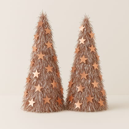 Set of 2 Rose-Gold Star Tinsel Christmas Cones – 55 cm Height,
