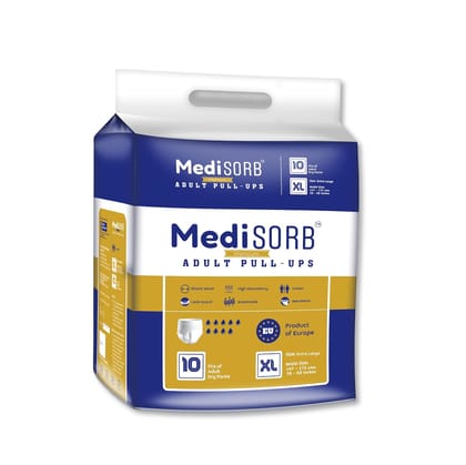 MediSORB Adult Diaper Pants | ExtraLarge (XL) |Waist 147-172 cm (58-68 inches) |High Absorbency 15 Hrs |Rash-Free |Leakproof |Breathable |Odourless |Elastic Waist |Men & Women | 10 Units, Pack of 1