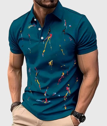 AUSK Men Cotton Blend Regular Fit Printed Polo T Shirt ( Teal Blue )