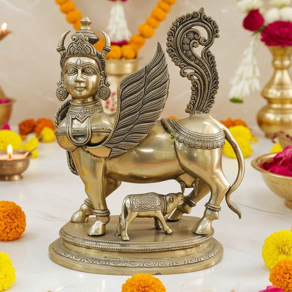 Brass Kamdhenu Cow Statue - Artistic Temple Decor, Height : 16.5 Inch (BSMAS1498 A)