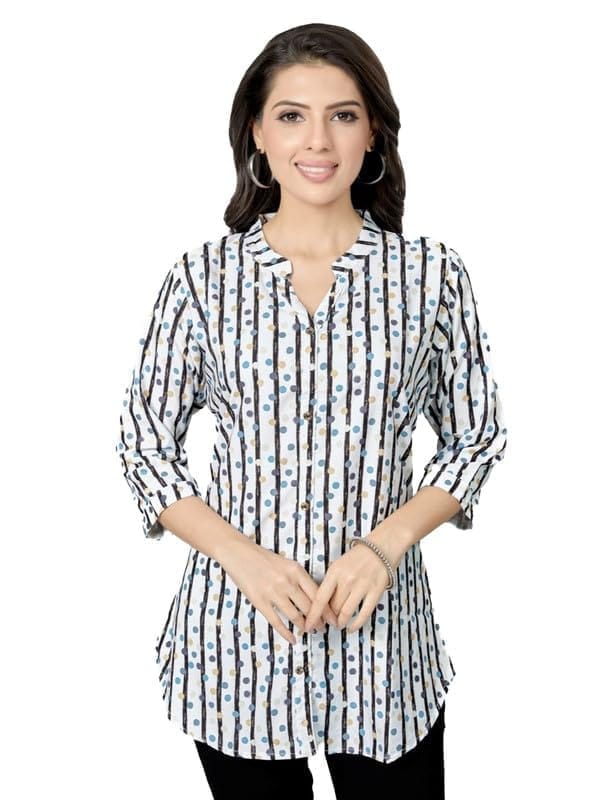 Women's Poly Crepe Mandarin Collar 3/4 Sleeves Short Top (White, M)-PID56228