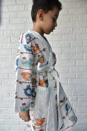Kids HandBlock Premium Waffle Cotton Bathrobe Sparrow Pattern Extra Large (8-10 years)
