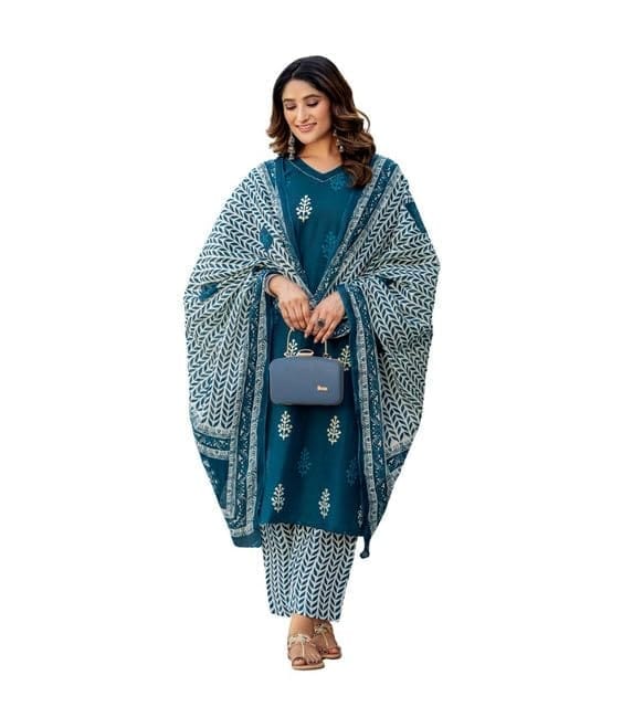 Women's Cotton Blend Printed Kurti with Pant Dupatta Set (Morpichh, 2XL)-PID63062