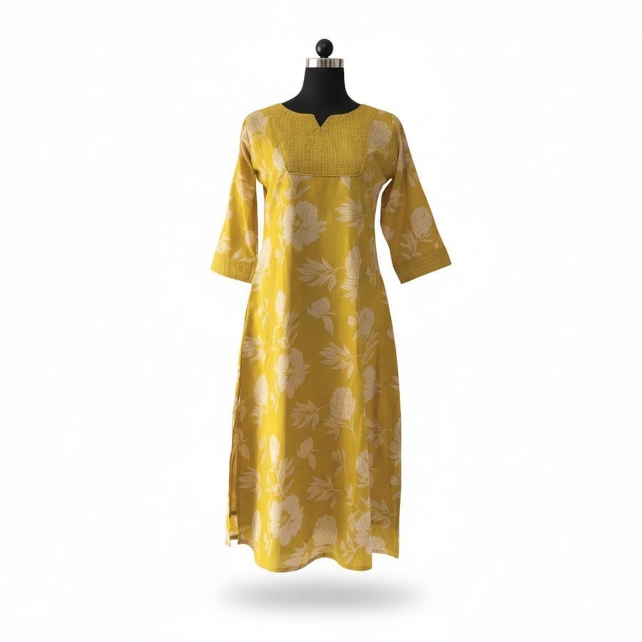 Yellow Floral Printed Cotton Kurta
