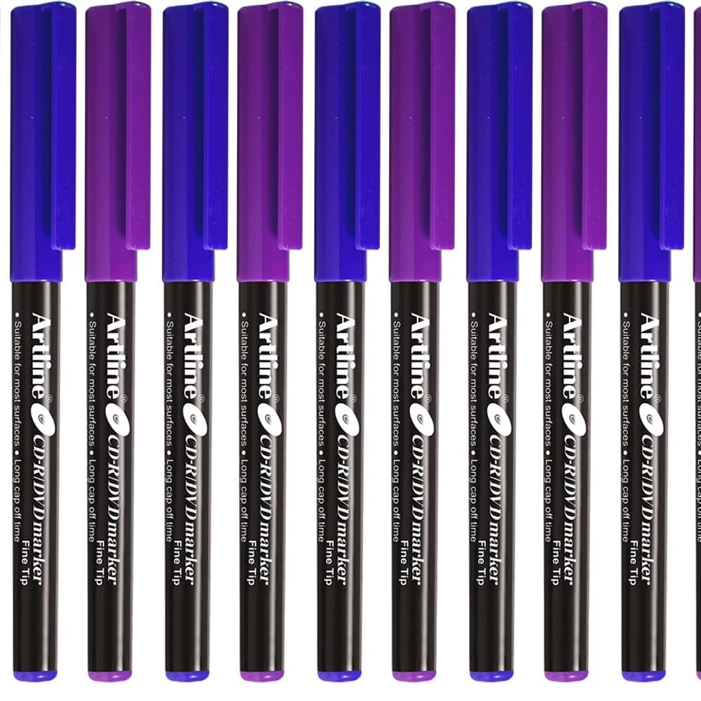 Artline CDR/DVD Marker Blue Pack of 10 X 3 Packs, Purple Pack of 10 X 2 Packs (50 DVD's Markers) | On Multiple Surface: Metal, Plastic/OHP, Glass/Porcelain & Carton