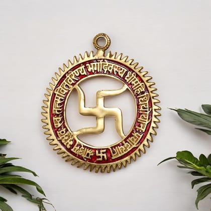 Dreamkraft Swastik with Gayatri Mantra Metal Wall Hanging | Red Enamel Vastu Decorative Door/Wall Hanging | Antique Gold Religious Handicraft for Home Temple Decor - 15 x 14 cm, 100 gm