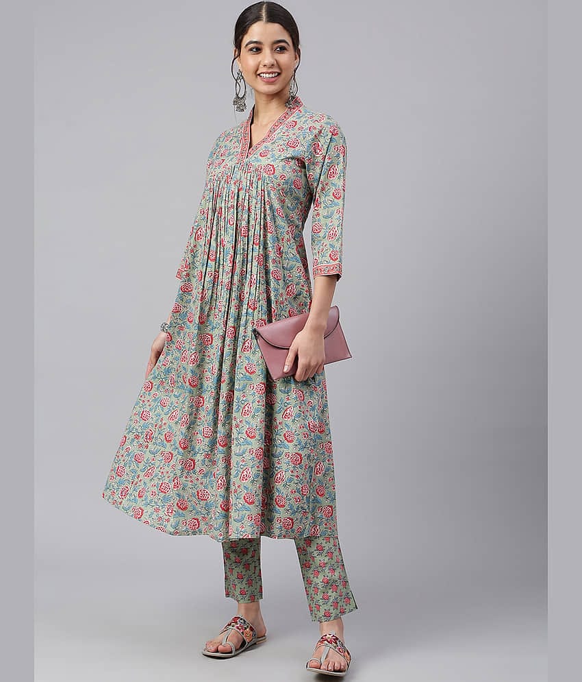 Janasya - Sea Green Anarkali Cotton Women's Stitched Salwar Suit ( Pack of 1 )