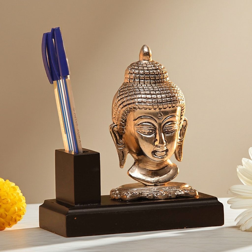Aluminium Buddha Pen Holder – Office Desk Decorative Showpiece, Height : 6.5 Inch (ASMAS309 S)