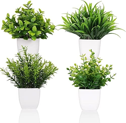 Artificial Potted Plants, Green Artificial Plastic Eucalyptus Plants Small Indoor Potted Houseplants, Small Faux