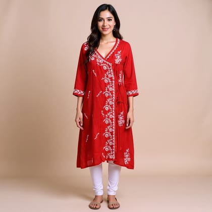 Red Angrakha Chikankari Kurti Red Angrakha Chikankari Kurti