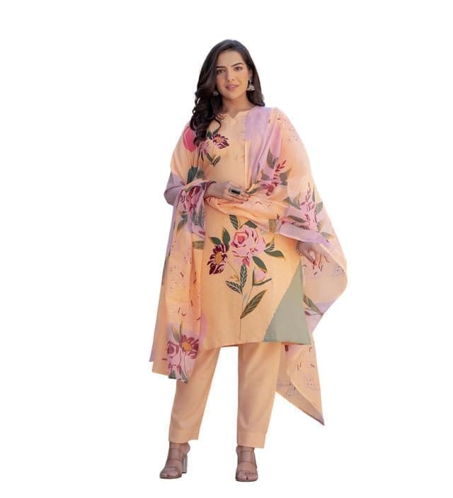 Women's Cotton Blend Printed Kurti with Pant Dupatta Set (Orange, XL)-PID63053