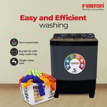 Feltron 7.5 Kg Semi Automatic Top Load Washing Machine Grey, Black Transparent Glass Lid