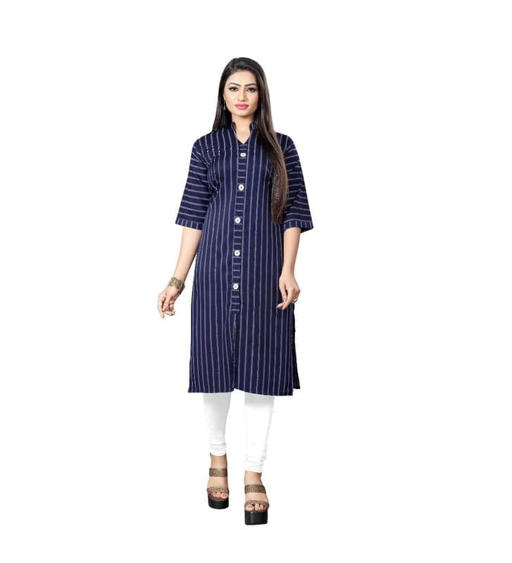 Women's Casual 3/4th Sleeve Floral Printed Crepe Kurti (Navy Blue, XL)-PID46187
