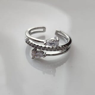 Rhodium-Plated  White Stone-Studded Adjustable Finger Ring