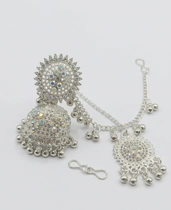 Vardaan Crystalx Earing with chain is a elegant silver, multi color tone jhumka and delicate ghunghru drops  perfect for every women for traditional and all festivals