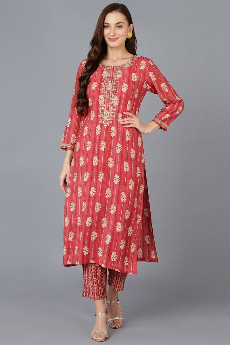 Red Silk Blend Abstract Embroidered Straight Kurta VCK9085