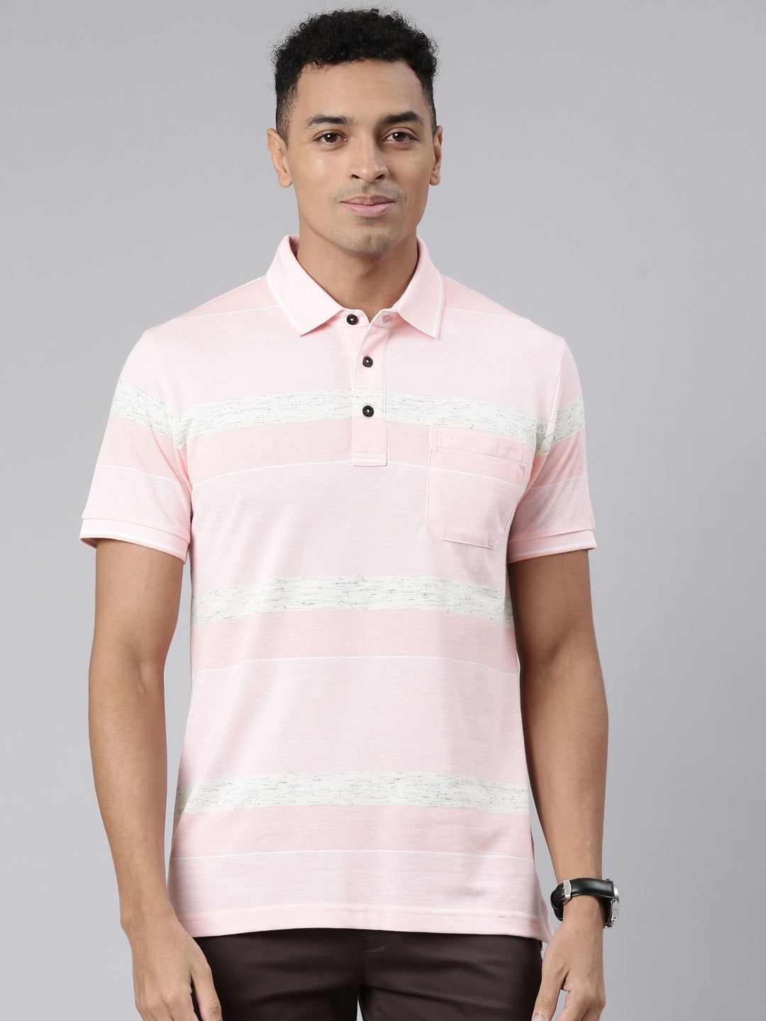 Classic Polo Men's Half Sleeve Lt.Peach/White Polo Neck Cotton Blend Slim Fit T-Shirt | VTA - 267 A SF P