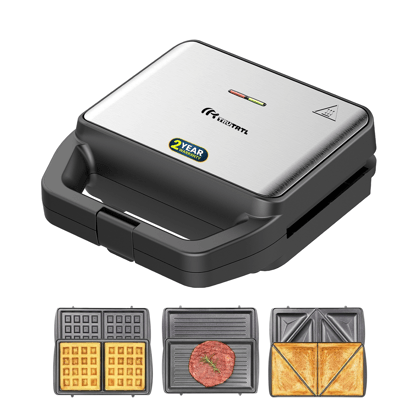 truTRTL 3-in-1 Grill, Sandwich, Waffle Sandwich Maker | Removable Plates with German GREBLON Non Stick coating | 800W | Auto Cut-Off | Silver