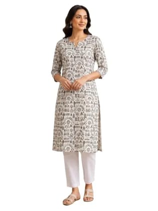 Women's Cotton Printed Straight Kurti Pink Three Quarter Sleeve Ethnic Casual Kurta