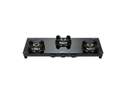 Surya Flame Neo Turbo Gas Stove 3 Burners, 5 Years Warranty, 3 Burner Gas Stove Glass Top, Stove 3 Burner, ISI Certified, 5G Brass Burners with Jumbo Burner, Flame Guard Pan Support & Metal knobs - Black