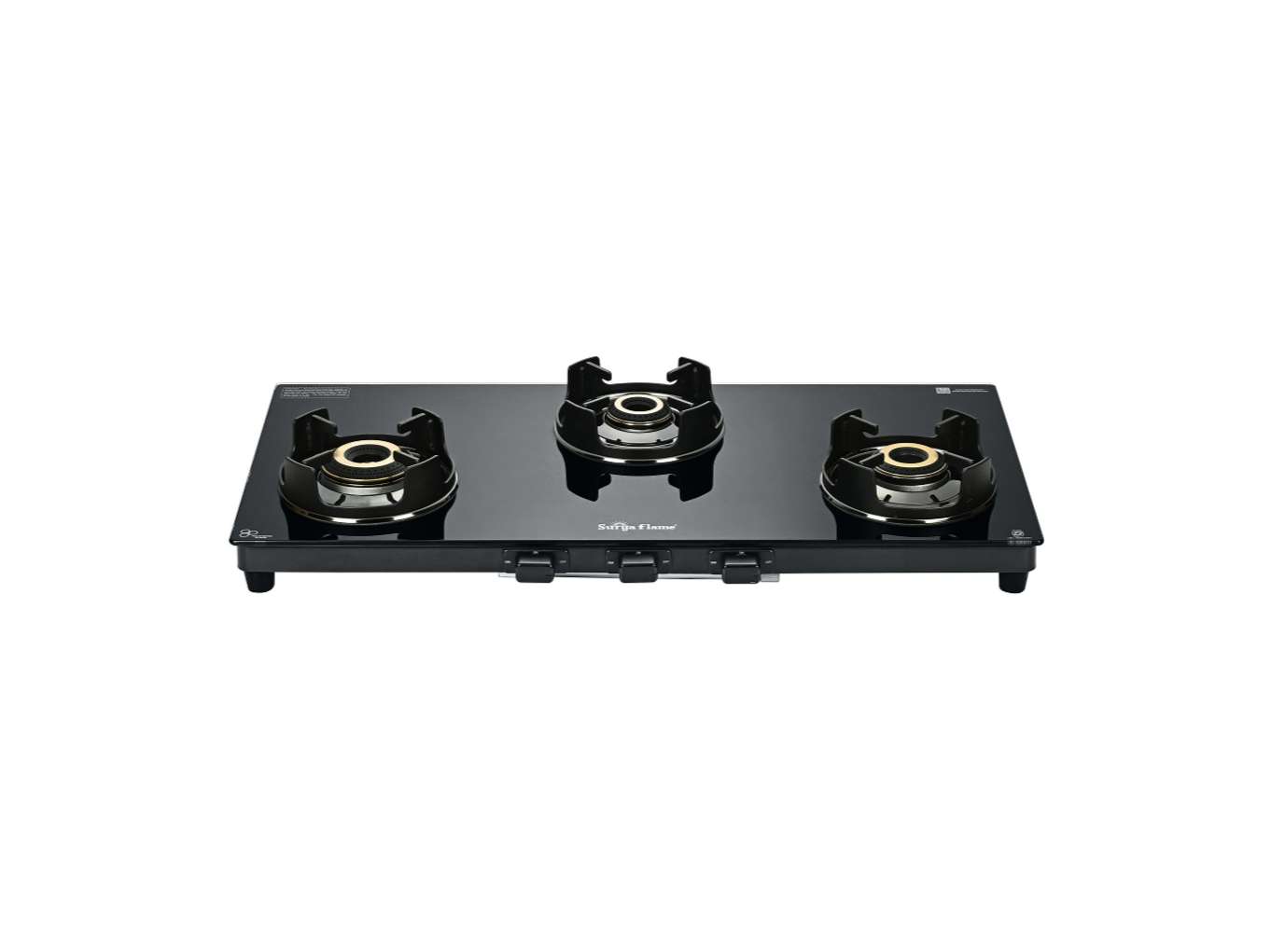 Surya Flame Neo Turbo Gas Stove 3 Burners, 5 Years Warranty, 3 Burner Gas Stove Glass Top, Stove 3 Burner, ISI Certified, 5G Brass Burners with Jumbo Burner, Flame Guard Pan Support & Metal knobs - Black