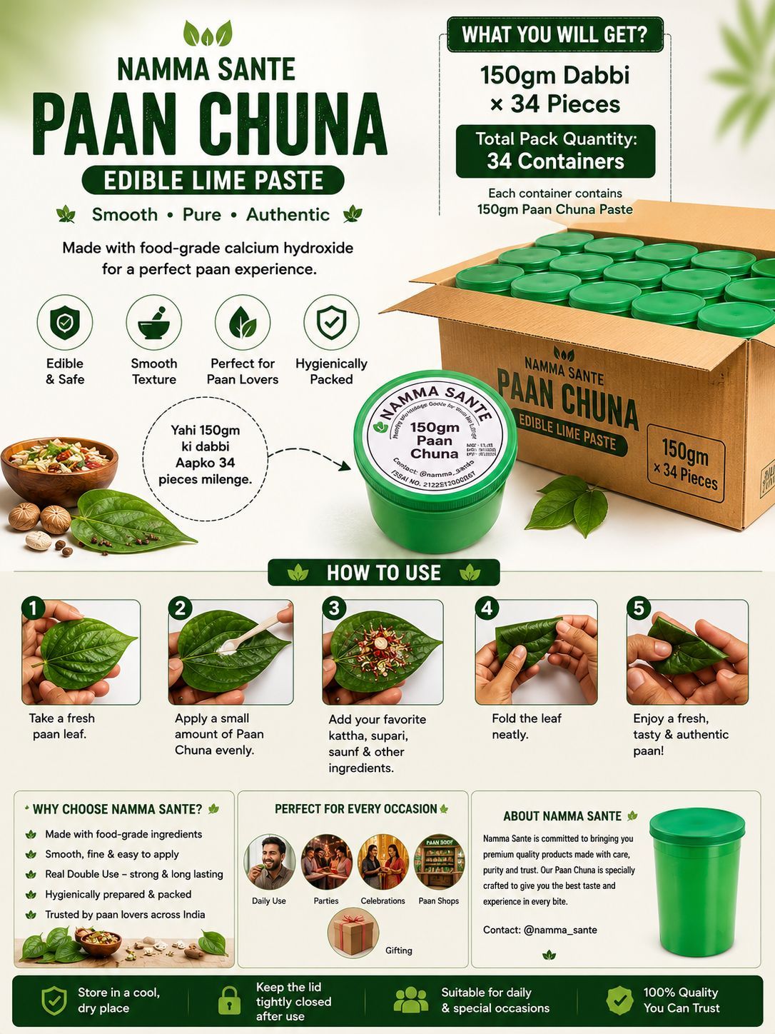 Paan Chuna, Slaked Lime Paste, Edible Lime for Paan, Calcium Hydroxide Paste, Kattha Chuna Mix 5.1kg 34piec