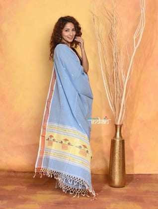 Mastaani ~ Handloom Pure Cotton Paithani Dupatta With Beautiful Handweave and Tassels ~ Powder Blue