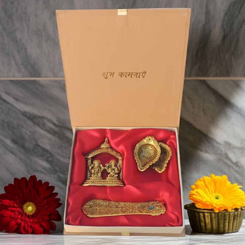 Aluminium Diwali Puja Set with Agarbatti Stand | Laxmi Ganesh Puja Accessories, Height : 4 Inch (ASMAS428 C)