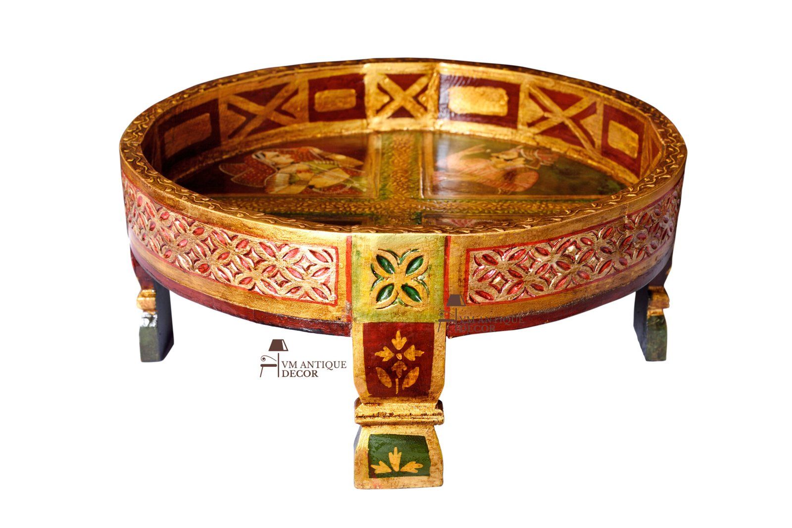 Wooden Round Indian Painted Chakki Table | Grinder Stool Coffee Table