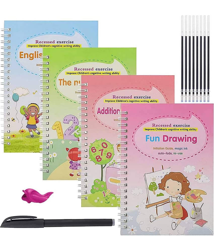 RAMDEV ENTERPRISE Magic Practice Copybook,(4 BOOKS +2 pen + 10 REFILL) Number Tracing Book for Preschoolers with Pen, Magic Calligraphy Copybook Set Practical Reusable Writing Tool Simple Hand Lettering (MATHS+DRAWING+ALPHABET+NUMBER).