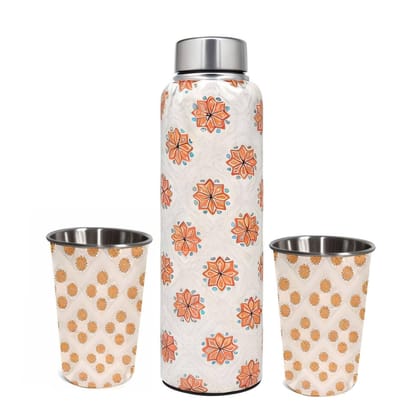 La'Forte Premium 1000 Ml Stainless Steel Bottle 02x250 Ml Drinking Glass (Lotus Orange)