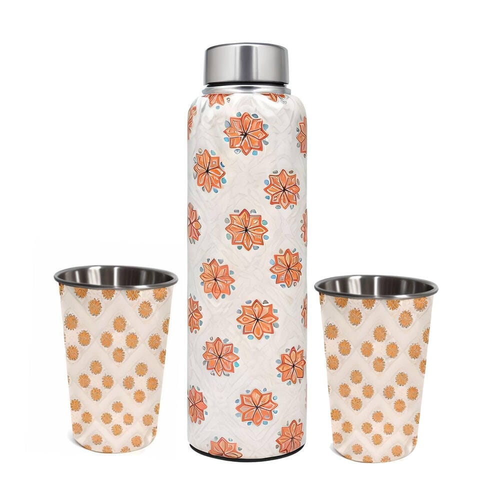 La'Forte Premium 1000 Ml Stainless Steel Bottle 02x250 Ml Drinking Glass (Lotus Orange)