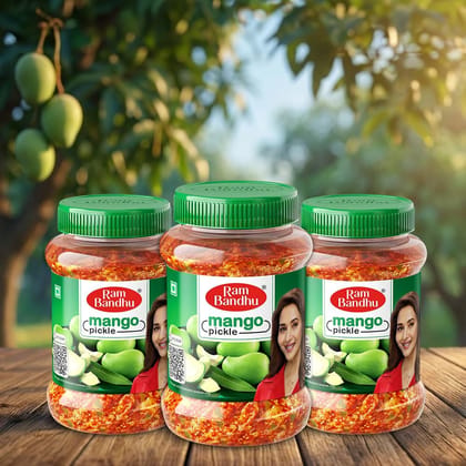 Ram Bandhu Mango Pickle 200gm X 3 Pack | Ready to Eat, Green Mango with Turmeric, Chilli Powder, Fenugreek Seeds, Mustard, Salt and Oil (Pack of 3) Ram Bandhu Mango Pickle 200gm X 3 Pack | Ready to Eat, Green Mango with Turmeric, Chilli Powder, Fenugreek Seeds, Mustard, Salt and Oil (Pack of 3)