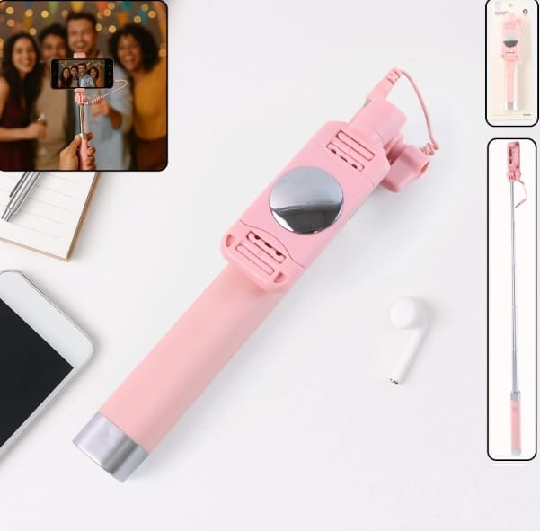 Wired Selfie Stick with Rearview Mirror & Built-In Shutter Button (1 Pc)