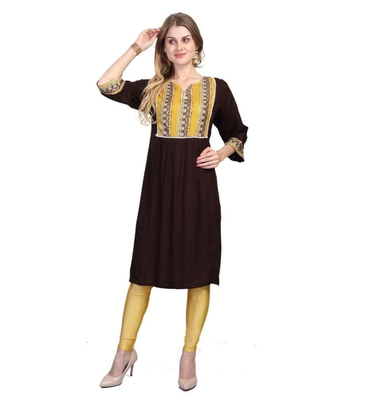 Women's Casual 3/4 Sleeve Viscose Rayon Printed Kurti (Brown, XL)-PID46380