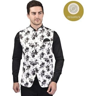 PrintCulture Men Printed Black Cotton Blend Nehru Jacket