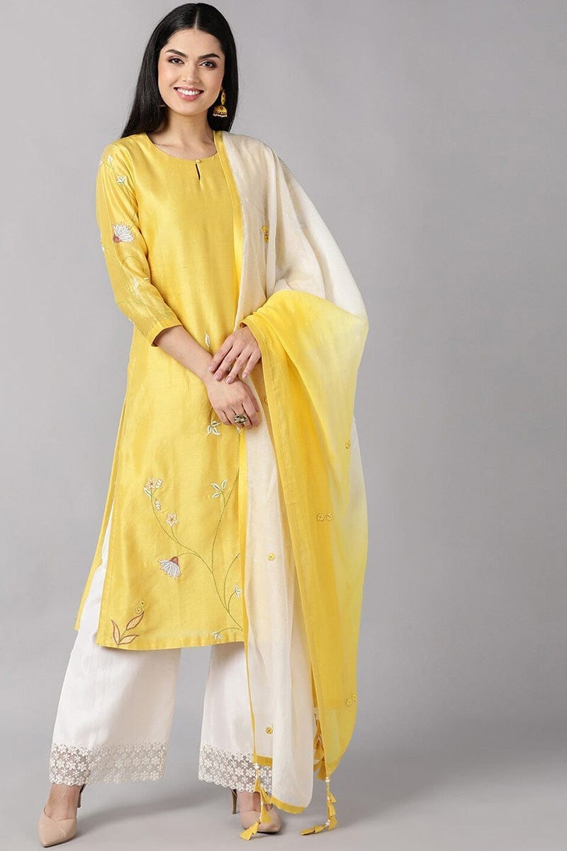 AHIKA Women Yellow Ethnic Motifs Embroidered Thread Work Kurta with Trousers Dupatta Set