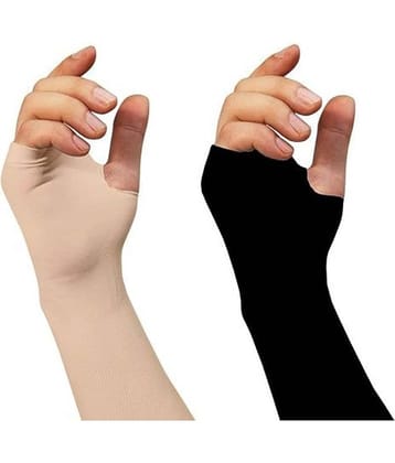 Cotton Arm Sleeves For Sports Bikers Sun Protection Hand Cover With Thumb Hole For Girls Boys For Summer Season, 2 Pair, Black and Beige