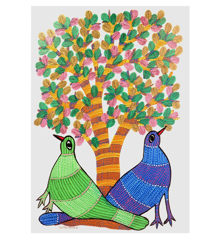 Handcrafted Gond Tree with Birds Painting – Tribal Folk Art