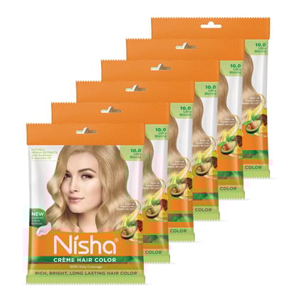 Nisha Creme Hair Color Ultra Blonde 50g Pack of 6, Permanent Hair Colour for Women & Men, Long Lasting Hair Color