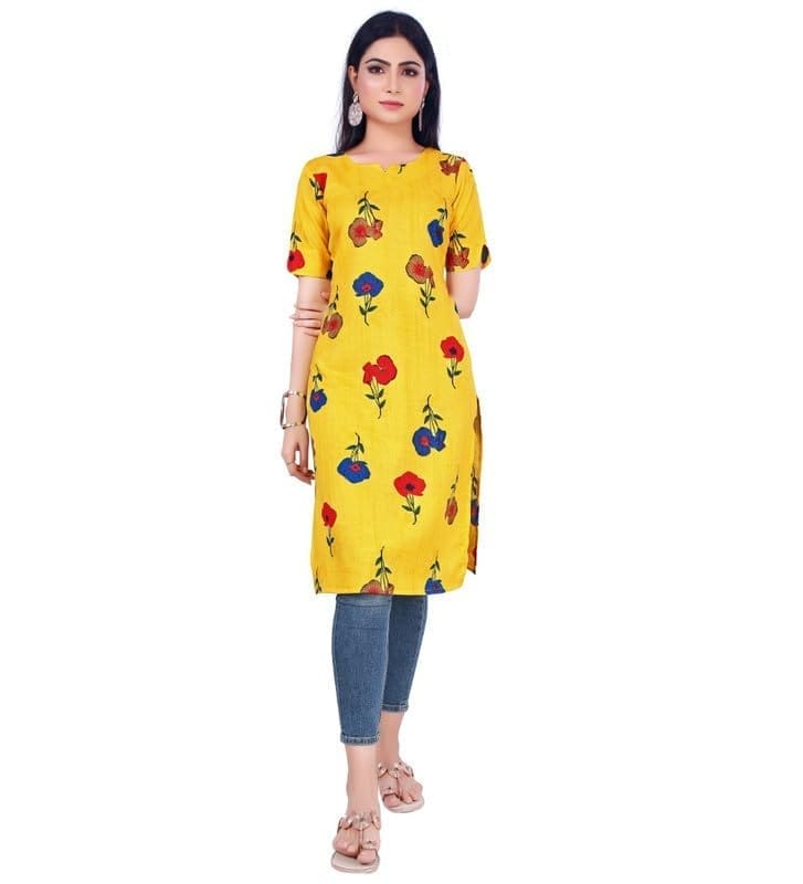 Women's Casual 3/4th Sleeve Printed Cotton Kurti (Yellow, M)-PID46158