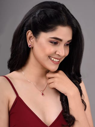Rose Gold Plated Radiant Red AD Solitaire pendant Locket Set Earrings and Chain