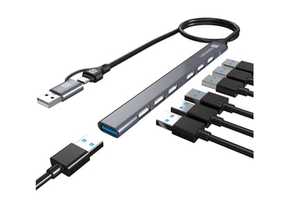 Portronics Mport 7 USB Hub Dock(7-in-1), Multiport Adapter with Dual Convertible USB & Type C Heads, Upto 5 Gbps Data Transfer Speed, 1 x USB 3.0 & 6 x USB 2.0 Ports for Laptop, MacBook, PC - Grey Portronics Mport 7 USB Hub Dock(7-in-1), Multiport Adapter with Dual Convertible USB & Type C Heads, Upto 5 Gbps Data Transfer Speed, 1 x USB 3.0 & 6 x USB 2.0 Ports for Laptop, MacBook, PC - Grey