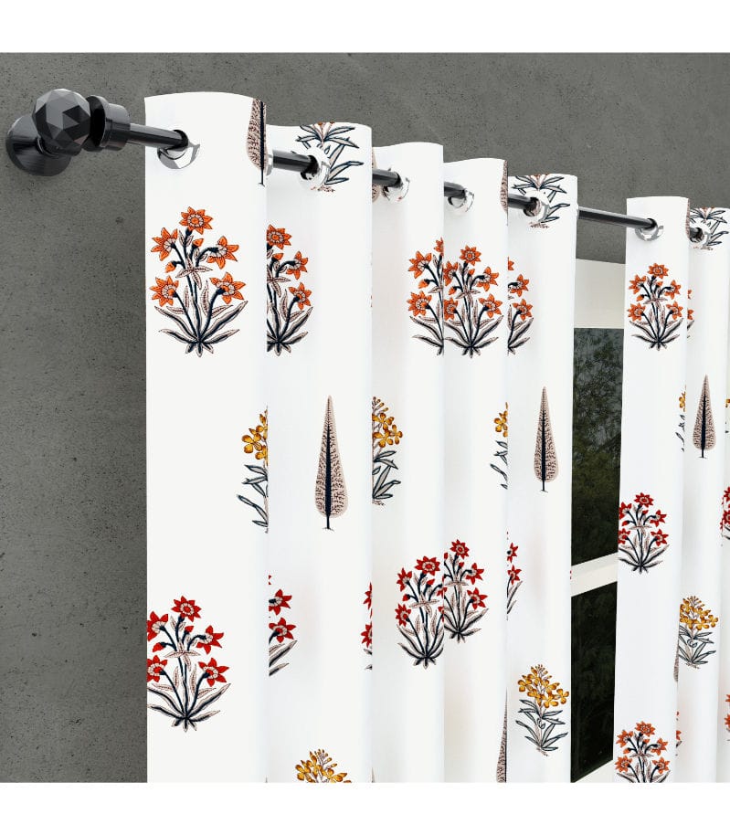 Jaipuri Boota Print Curtains Pink Mustard Floral & Brown Leaf Design / 100% Cotton ( 5 feet )
