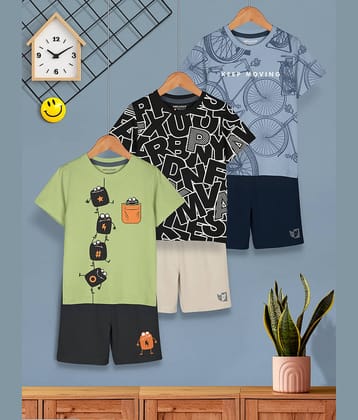 HELLCAT Boys Cotton Blend Dress Printed Clothing Set Combo with Tshirts & Shorts - Pack 3 Green_Black_Bluish Grey