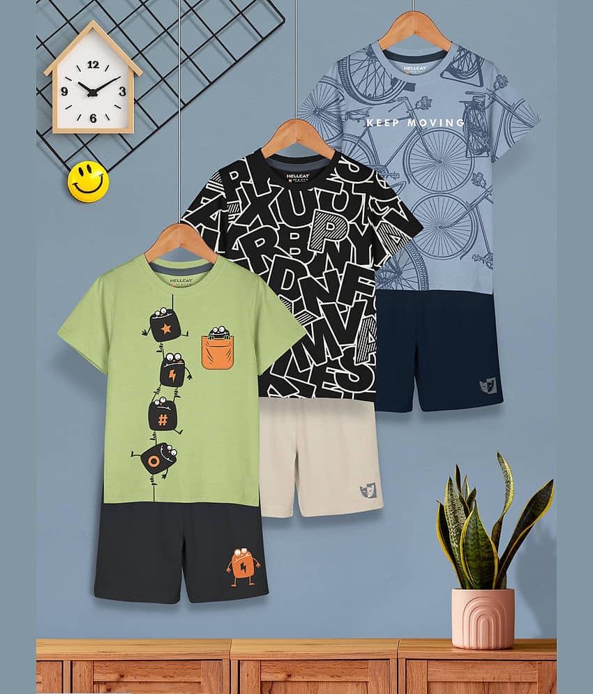 HELLCAT Boys Cotton Blend Dress Printed Clothing Set Combo with Tshirts & Shorts - Pack 3 Green_Black_Bluish Grey