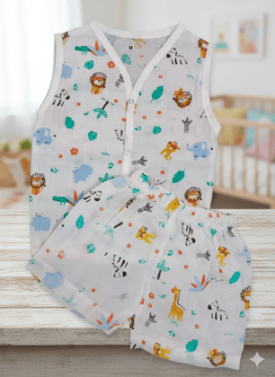 Kabir Kids Fashion White Jungle Print Upper & Lower Set (0–3 Months)