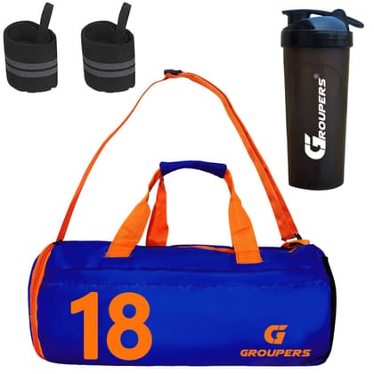 GROUPERS Combo Set of Duffle Polyester Bag with Shaker Bottle-700ml & Wrist Band (Blue 18)